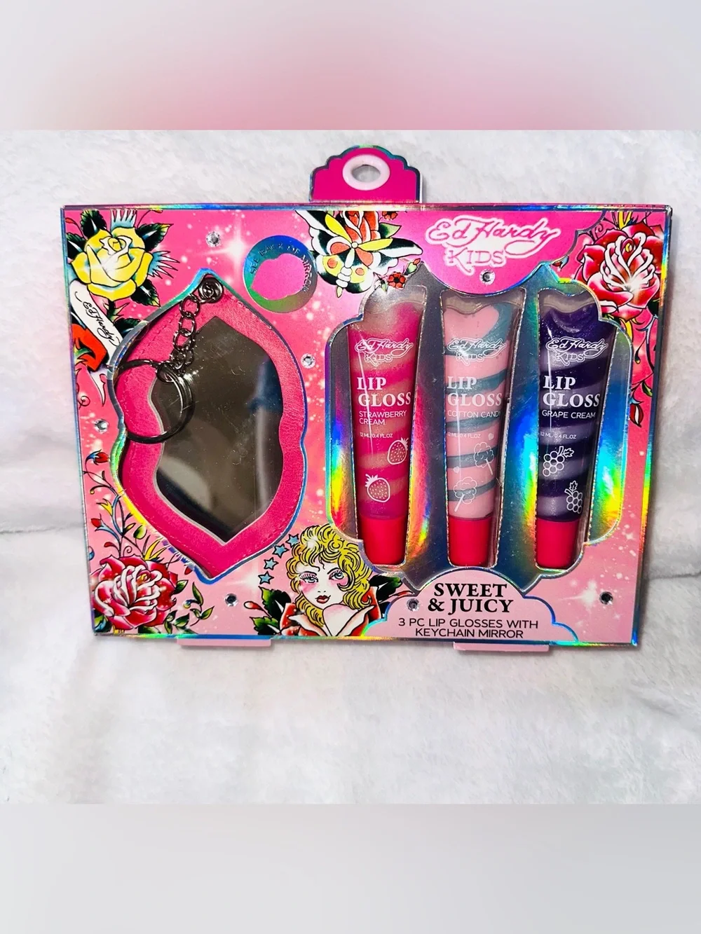 New Ed Hardy 3pc Lip Gloss With Key Chain Mirror Set